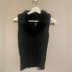 Women’s Black Sleeveless Sweater With Rabbit Fur‎ Collar
